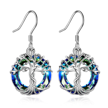 Tree of Life Earrings Sterling Silver Dangle Drop Earrings with Blue Circle Crystal Fashion Jewelry - RB.