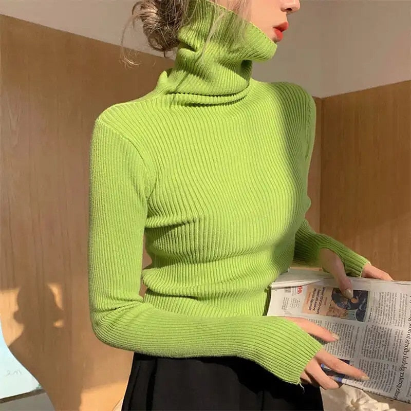 Women heaps collar Turtleneck Sweaters Autumn Winter Slim Pullover Women Basic Tops Casual Soft Knit Sweater Soft Warm Jumper - RB.