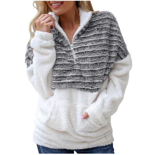 Streetwear Fashion Warm Plush Sweater Women Long Sleeve Zipper V-Neck Casual Pullovers Tops Autumn Winter Warm Sweater Coat - RB.