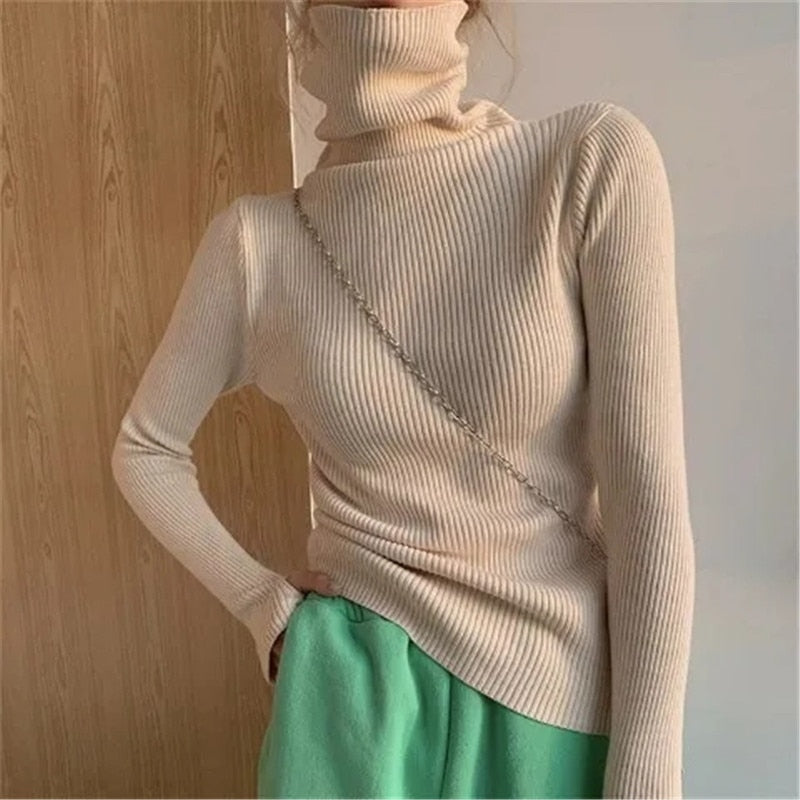 Women heaps collar Turtleneck Sweaters Autumn Winter Slim Pullover Women Basic Tops Casual Soft Knit Sweater Soft Warm Jumper - RB.
