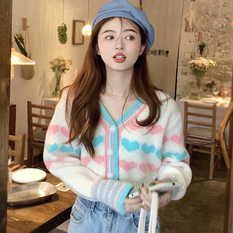 Heart Pattern Cardigan Sweater For Women Hit Color  Mujer Lantern Sleeve Single Breasted Crop Outerwear Autumn Tops - RB.