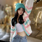 Heart Pattern Cardigan Sweater For Women Hit Color  Mujer Lantern Sleeve Single Breasted Crop Outerwear Autumn Tops - RB.