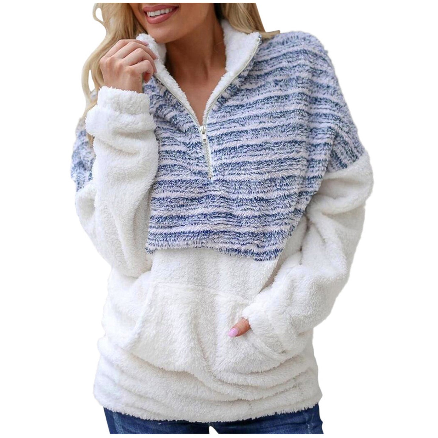 Streetwear Fashion Warm Plush Sweater Women Long Sleeve Zipper V-Neck Casual Pullovers Tops Autumn Winter Warm Sweater Coat - RB.